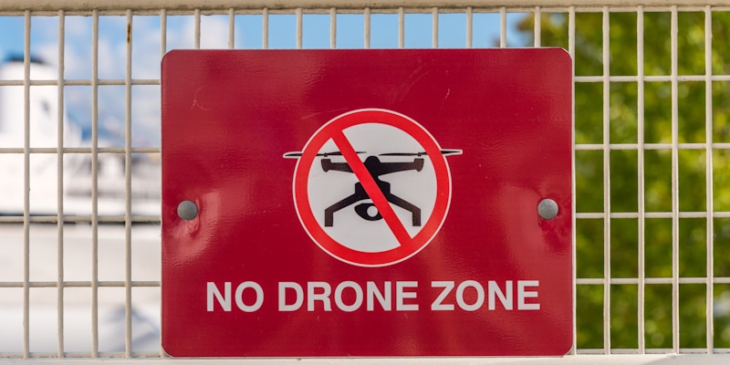 no drone zone sign in red on fence